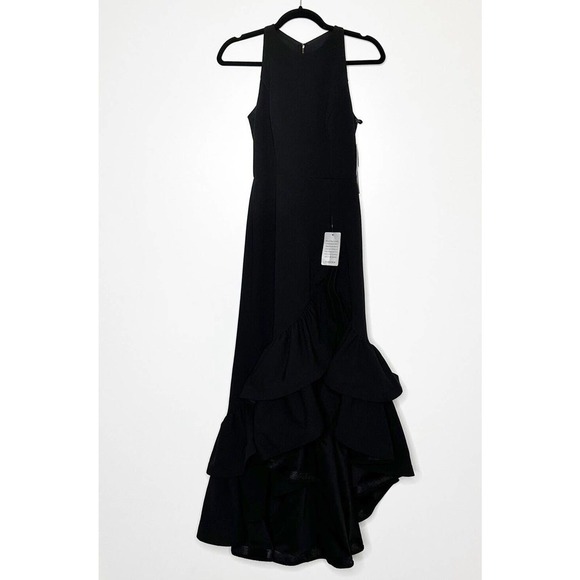 NWT Betsy & Adam Scuba Crepe Ruffle Slit Bottom Gown Womens Black Size 6P - Picture 3 of 7